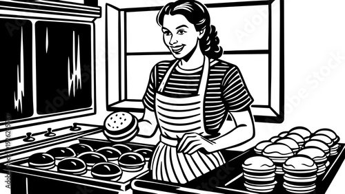 A woman baking cakes in a cozy home kitchen with an old-fashioned stove.