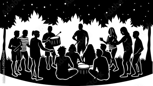 Group of people gathered around a central figure under a starry sky with fireworks