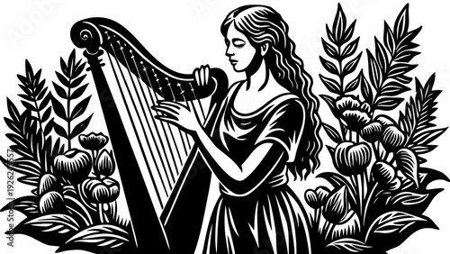 Elegant depiction of a woman playing a traditional harp amidst lush foliage