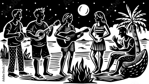 A vintage illustration of a group of people gathered around a fire under the moonlight