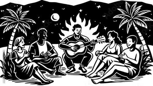 Mysterious forest gathering under a starry night sky with ancient, eerie figures