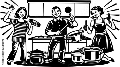 Vintage illustration of a lively kitchen scene with people preparing a meal together