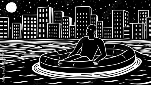 A surreal cityscape with a mysterious figure standing atop a central water vortex.