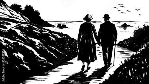 Couple enjoying a serene stroll along a rugged coastal path at dusk