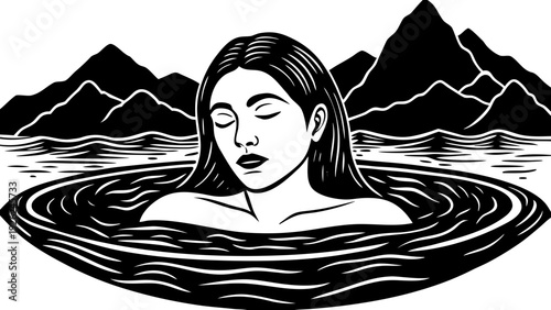 Mysterious woman emerging from a swirling, deep blue vortex surrounded by mountains