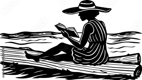 A solitary figure reading a book while floating on a calm body of water.