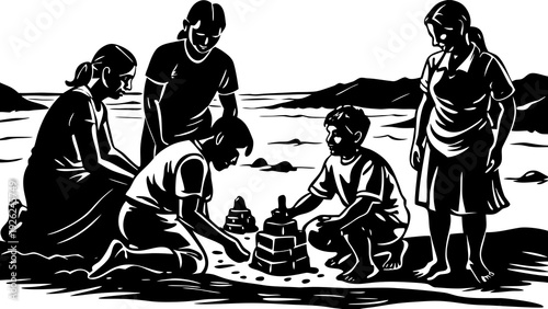 A vintage illustration of a family enjoying a lakeside outing with children playing nearby