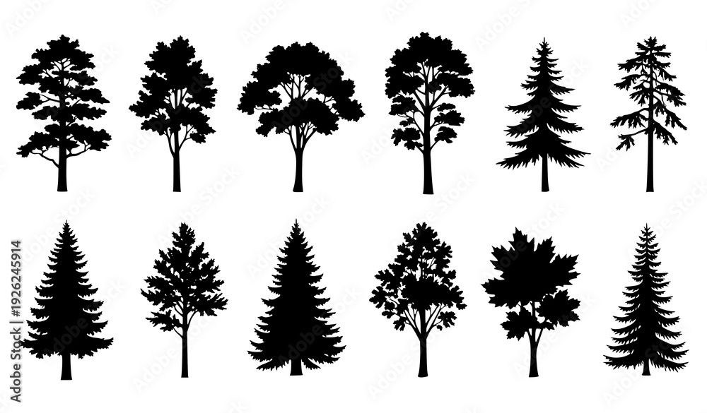 Fototapeta premium Tree Silhouette Set Black Vector Forest Collection on White Background EPS