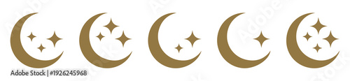 Golden crescent moon and stars icons set isolated on white background for mystical astrology design layout