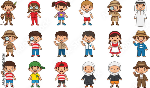 Large collection of diverse cute cartoon children characters featuring explorers, scouts, students, and kids in traditional cultural outfits isolated on white background.