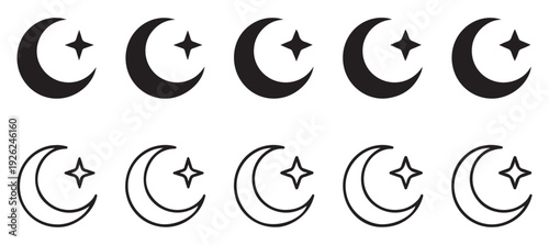 Crescent moon and star vector icon set, moon and stars in various styles, astronomy symbol