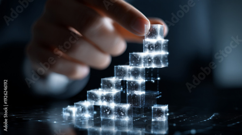Businessman's hand stacking luminous digital cubes, forming a growth chart, representing data analysis, financial progress, and business strategy.