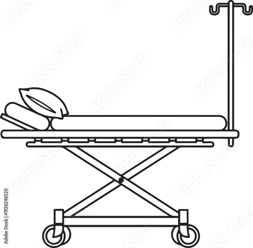 Black and white line of a medical gurney with I V pole and pillows hospital bed stretcher IV pole intravenous pole