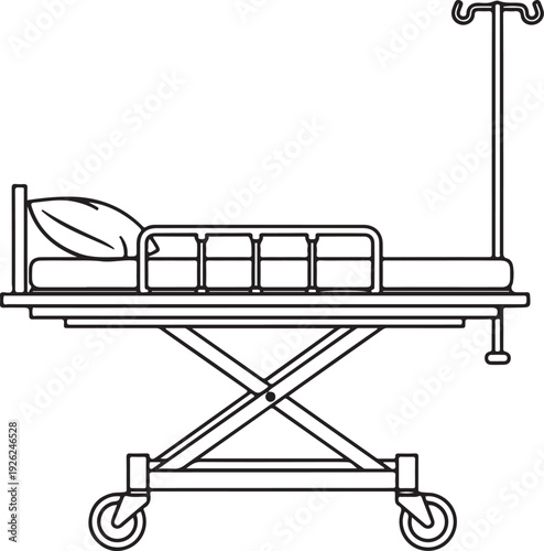 Black and white line of a hospital gurney with a pillow and I V pole medical bed stretcher patient transport