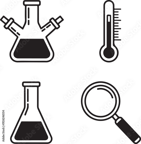 Black and white of laboratory equipment including flasks thermometer and magnifying glass science research 1