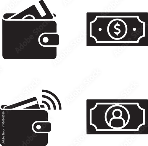 Black of wallet with credit card and banknote with dollar sign and person money