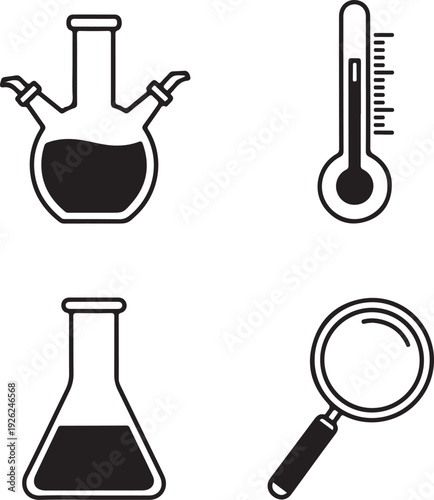 Black and white of laboratory equipment including flasks thermometer and magnifying glass science research