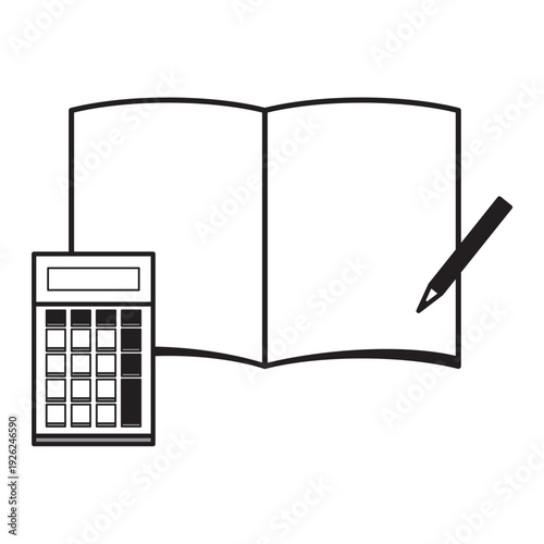 電卓と見開きノートと鉛筆のイラストセット