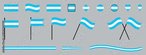 Honduras Flag Set National Flag of Honduras Vector Collection with Waving, Icons, Heart, and Shield Shapes.