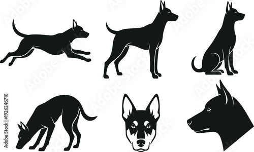 Dog silhouette vector collection featuring various poses including running standing sitting and head profile isolated on white for pet care kennel and canine logo design.