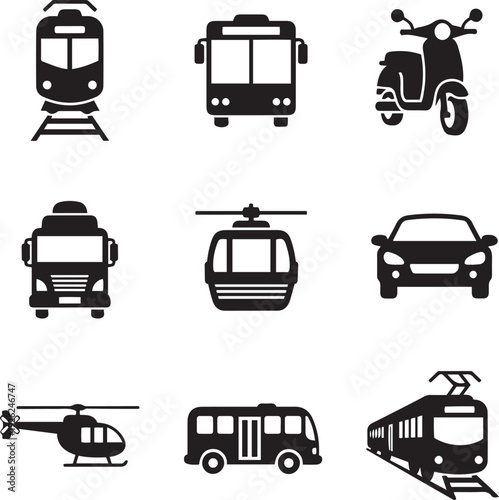 Collection of black transportation including train bus scooter car helicopter and cable car