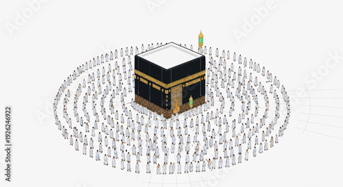Illustration of the Kaaba in Mecca surrounded by a large crowd of Muslim worshippers in a circular pattern with a white background.