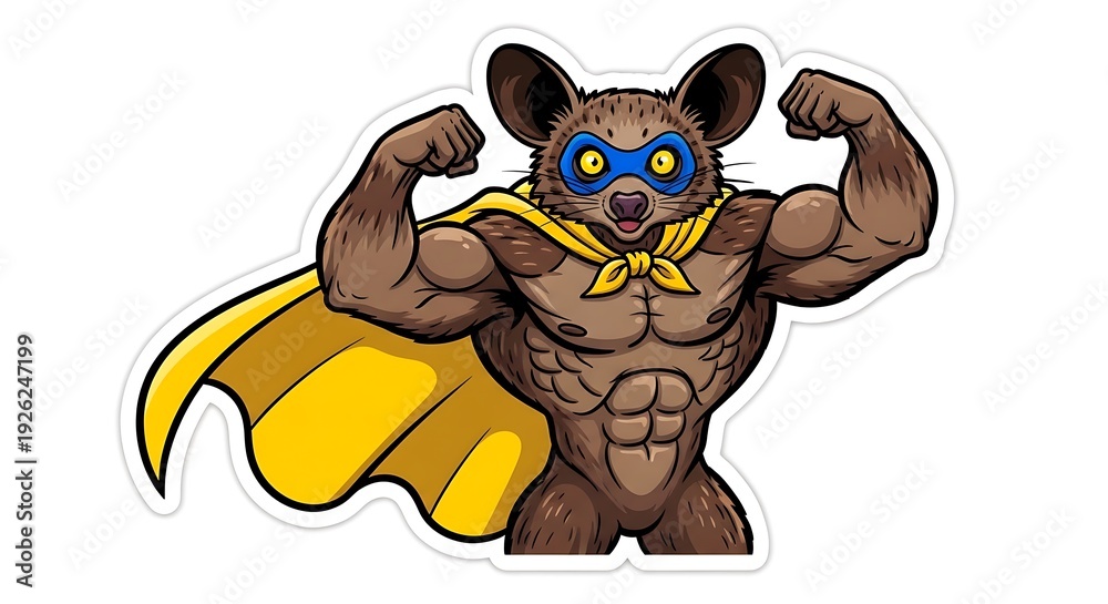 Naklejka premium Muscular Superhero Aye-aye Character Sticker with Yellow Cape