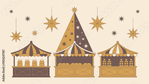 A festive holiday market scene with decorated stalls and starry lights