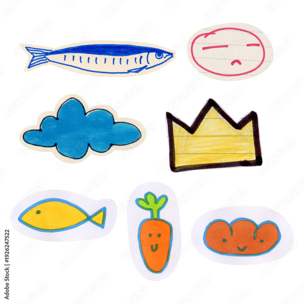 Fototapeta premium Collection of whimsical hand-drawn doodle stickers featuring a fish, a crown, a cloud, a carrot, and happy faces