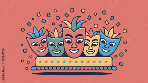 A colorful illustration of comedy and tragedy masks on a decorative platform with confetti