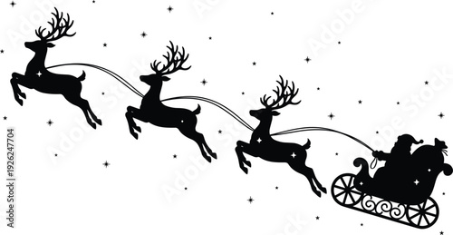 Santa sleigh with reindeer silhouette vector illustration, black Christmas flying scene with stars for holiday winter magic festive and seasonal