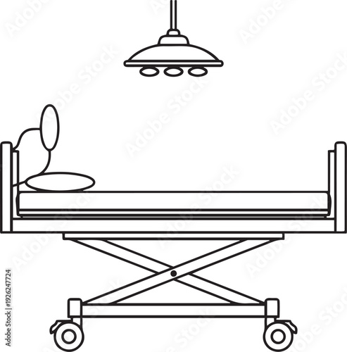Medical examination table with adjustable headrest and surgical lamp above medical bed hospital bed patient bed
