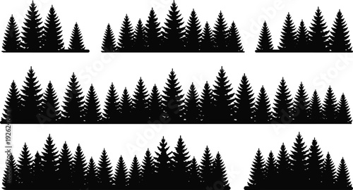 Pine forest silhouette collection, black evergreen tree line set isolated vector illustration for landscape background, logo design, woodland branding