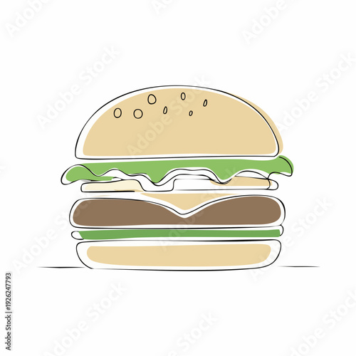 Minimalist continuous line drawing of a classic hamburger, showcasing a fresh and tasty fast food design concept