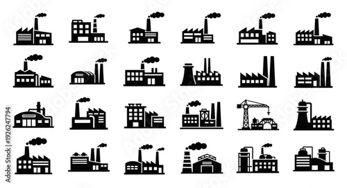 Collection of various factory silhouettes representing industrial manufacturing and production.