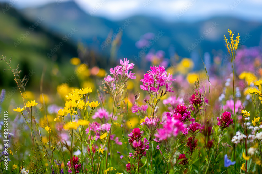 Obraz premium Vibrant wildflowers in full bloom across a mountain meadow with soft focus hills and blue sky in the background creating a serene natural landscape scene
