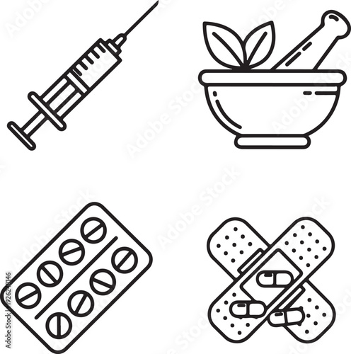 Medical including syringe pills mortar and pestle and bandages healthcare medicine injection