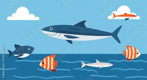 A majestic shark swims in the ocean with colorful fish around it.