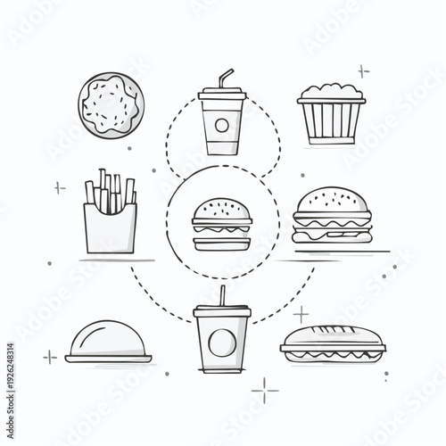 Hand-drawn doodle illustration set of various fast food and junk food menu items