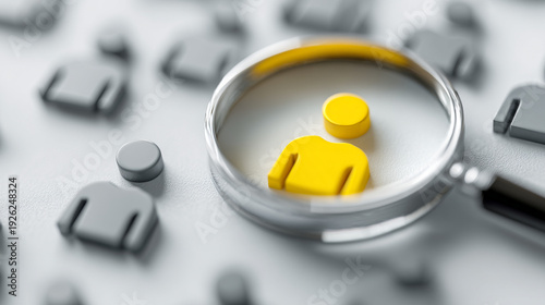 A magnifying glass centered on a yellow human silhouette surrounded by out-of-focus gray figures, illustrating the concept of finding the right person for a job.
