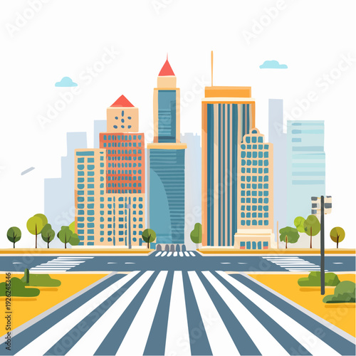 Urban landscape illustration of a modern downtown city with an empty street and crosswalk