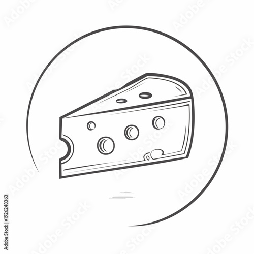 Minimalist line art icon of a Swiss cheese wedge. Hand-drawn sketch illustration of a dairy food product