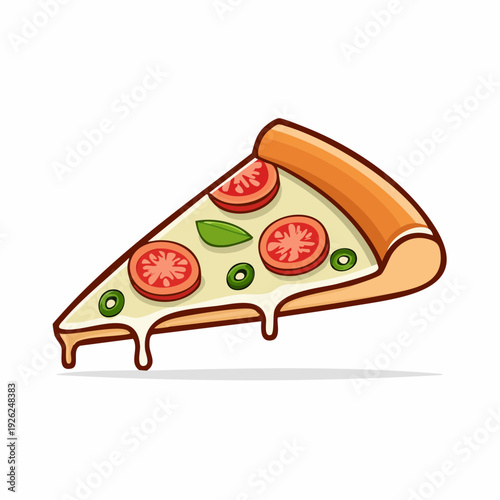Delicious hand-drawn pizza slice with melted cheese, fresh tomatoes, and basil for a classic Italian meal icon