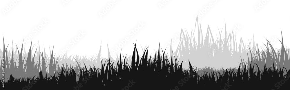 Naklejka premium Meadow silhouette with grass, plants on plain. Panoramic summer lawn landscape with herbs, various weeds. Herbal border, frame element. Black horizontal banners. Vector illustration