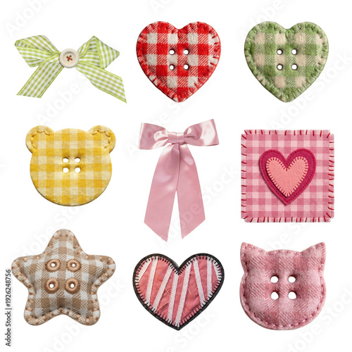 Cute Fabric Patches and Buttons Featuring Hearts, Stars, and Animal Shapes