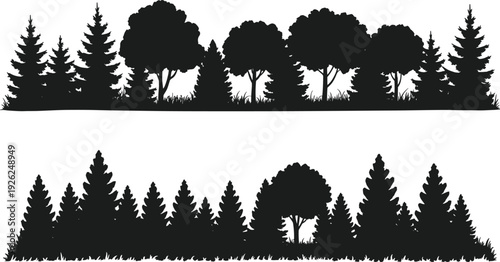 Forest tree silhouette border set, pine and deciduous woodland panorama isolated on white background, black nature vector illustration