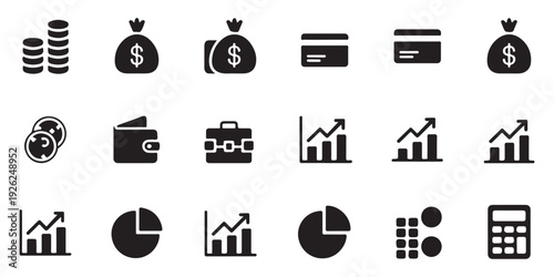 Finance icon set with solid black flat vector symbols including coins money bags wallets charts calculator