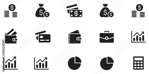 Finance icons collection showing coins bills credit cards wallets and graphs for business and investment