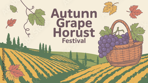 A vibrant illustration of a grape harvest festival in a beautiful autumn landscape with a basket of grapes