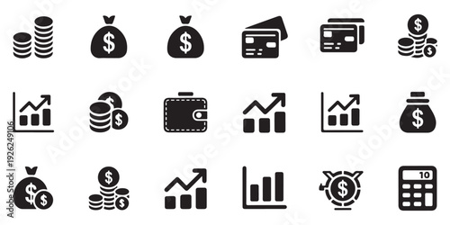Finance and money icon set. currency, payment, dollar, wallet and credit card black vector illustrations